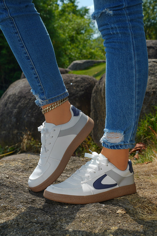 Navy Blue Color Contrast PU Leather Lace-up Sneakers