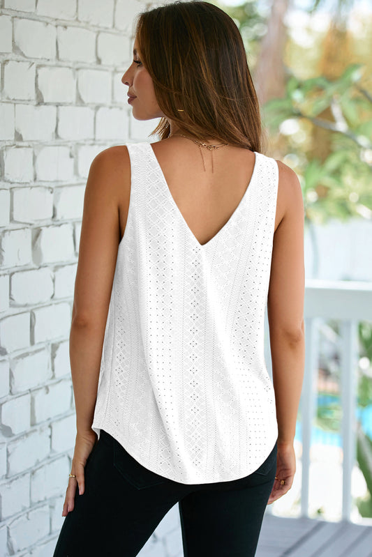 White Eyelet Knit Patterned Loose V Neck Tank Top