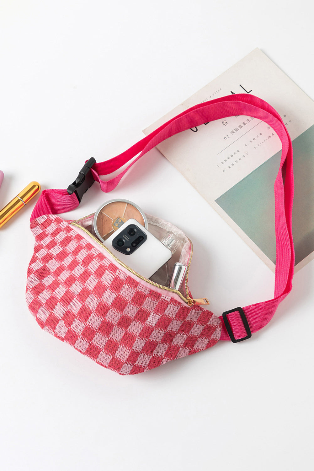 Rose Red Checkered Pattern Crossbody Sling Bag