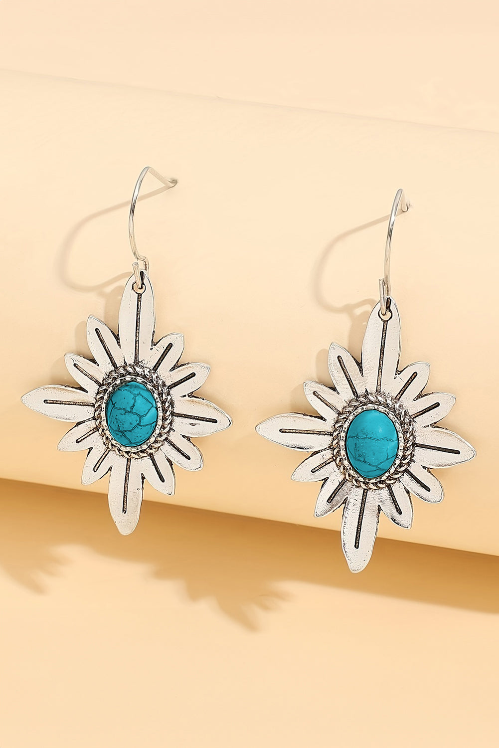 Silvery Western Turquoise Flower Shape Hook Earrings