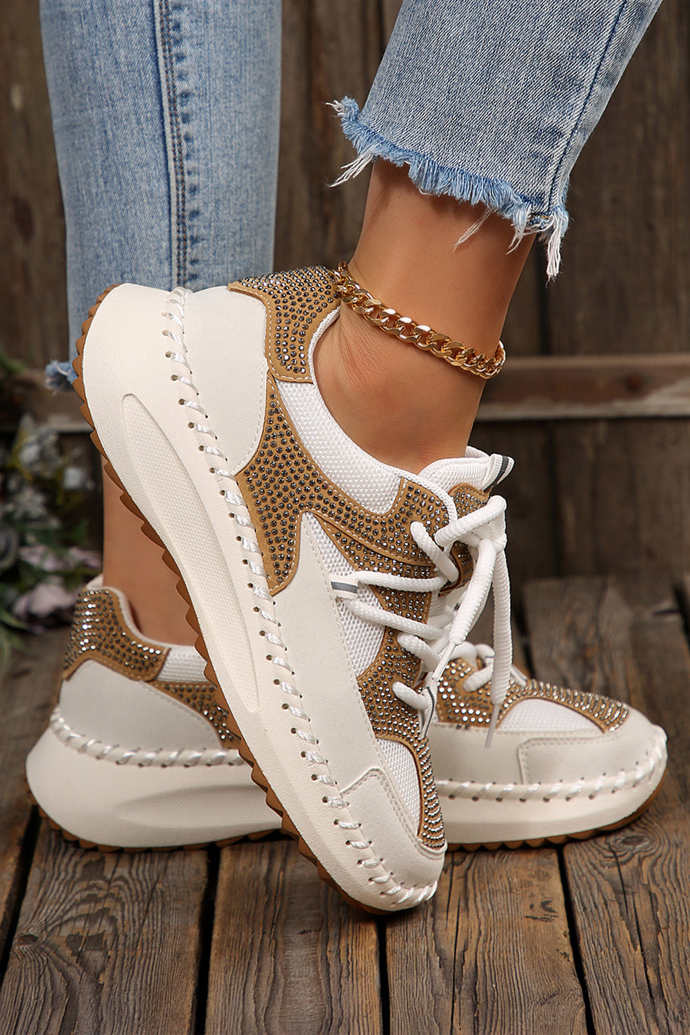 White Rhinestone Embellished Color Block Patchwork Lace-up Breathable Sneakers