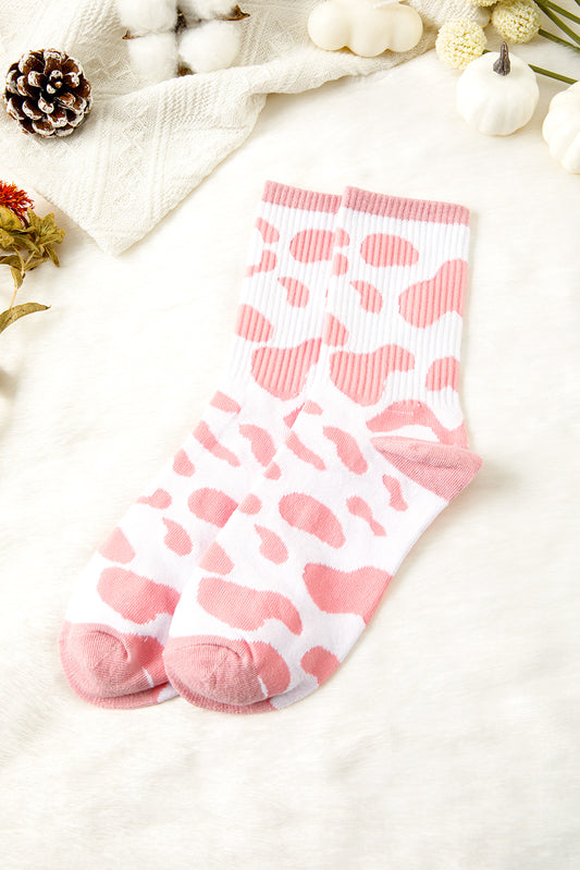 Pink Cow Print Ribbed Detail Crew Socks