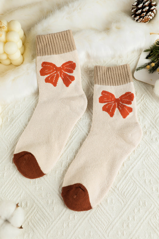 Khaki Bow Printed Color Block Knit Womens Socks