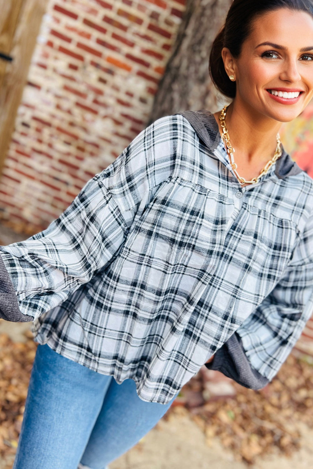 Gray Plaid Patchwork Long Sleeve Button Hooded Blouse