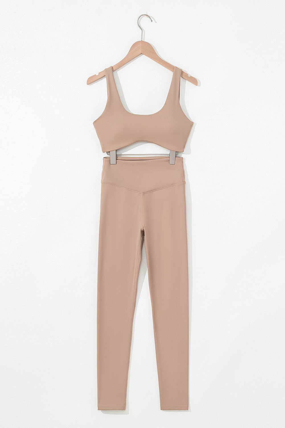 Light French Beige Solid Color Active Bra and High Waist Leggings Workout Set