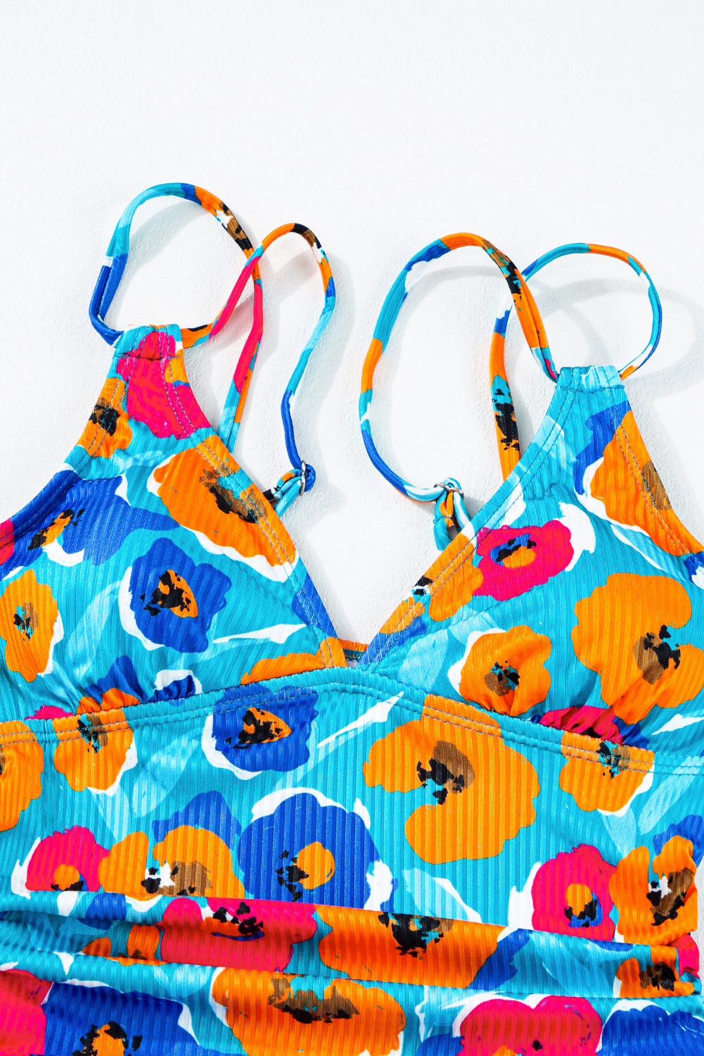 Sky Blue Orange Adjustable Straps Ribbed Knit One Piece Swimsuit