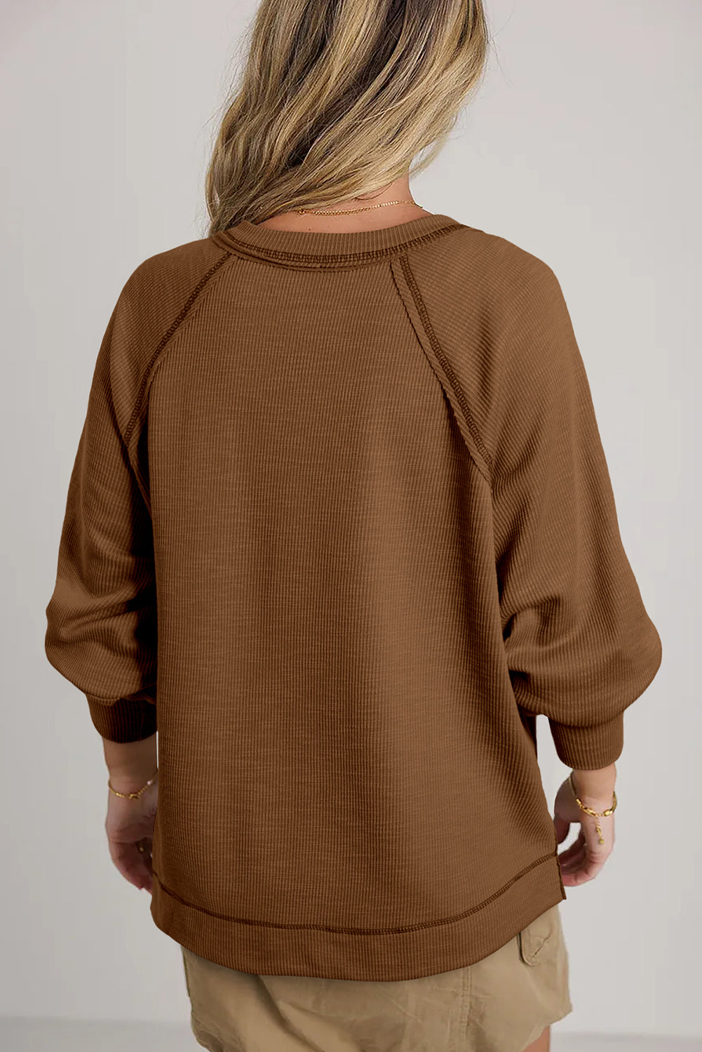 Chestnut Exposed Seam Textured Knit V Neck Pullover Top