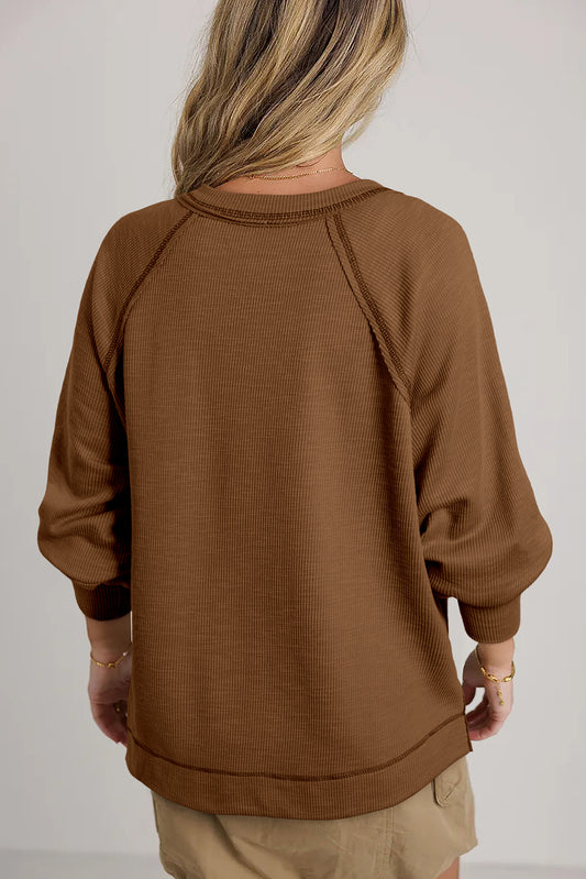 Chestnut Exposed Seam Textured Knit V Neck Pullover Top