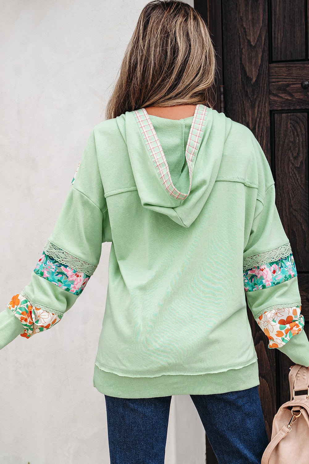 Clearly Aqua Lace Floral Patchwork Half Button Hooded Pullover