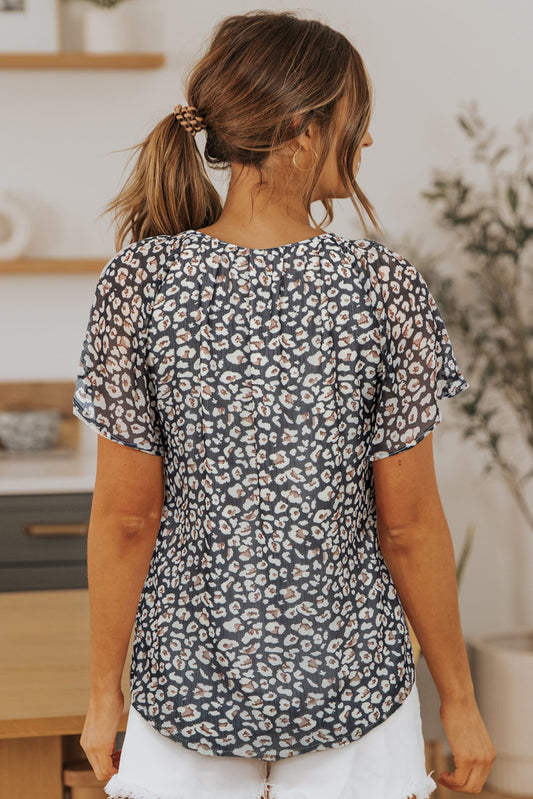 Black Flutter Sleeve V Neck Floral Summer Blouse