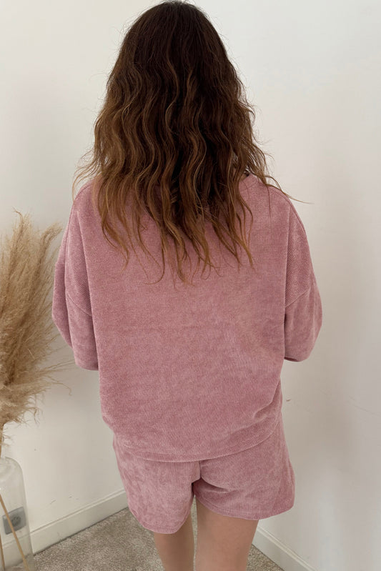 Fushia Solid Color Textured Knit Drop Shoulder Pullover Drawstring Shorts Set