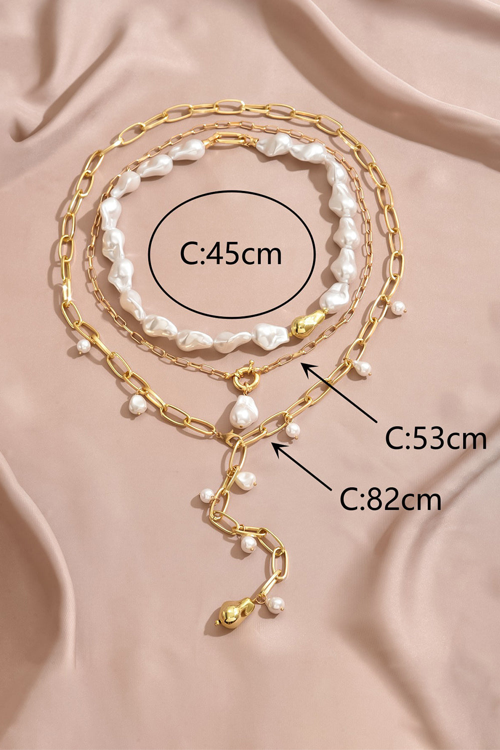 Gold Alloy Plated Chain Baroque Pearl 3pcs Layered Necklace Set
