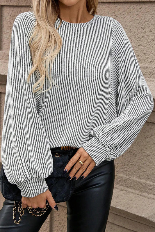 Gray Ribbed Knit Round Neck Long Lantern Sleeve Top