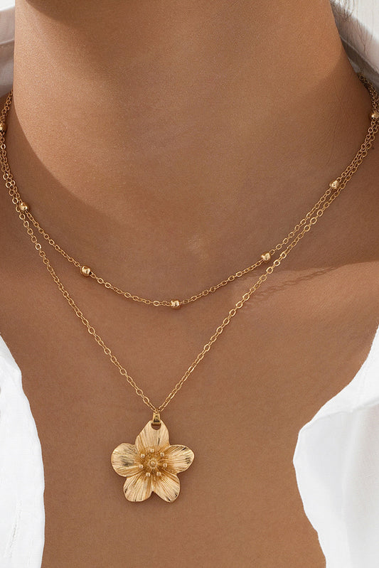 Gold Flower Pendant Beaded Double Chain Plated Necklace