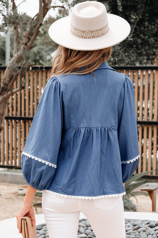 Dusk Blue Lace Ric Rac 3/4 Puff Sleeve Collared Babydoll Blouse