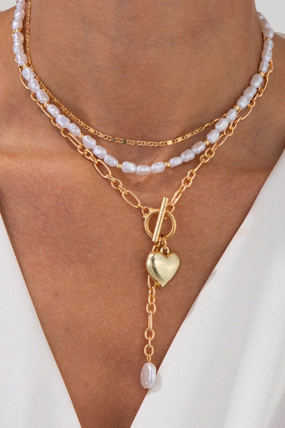 Gold Plated Heart Charm Pearl Chain Layered Necklace