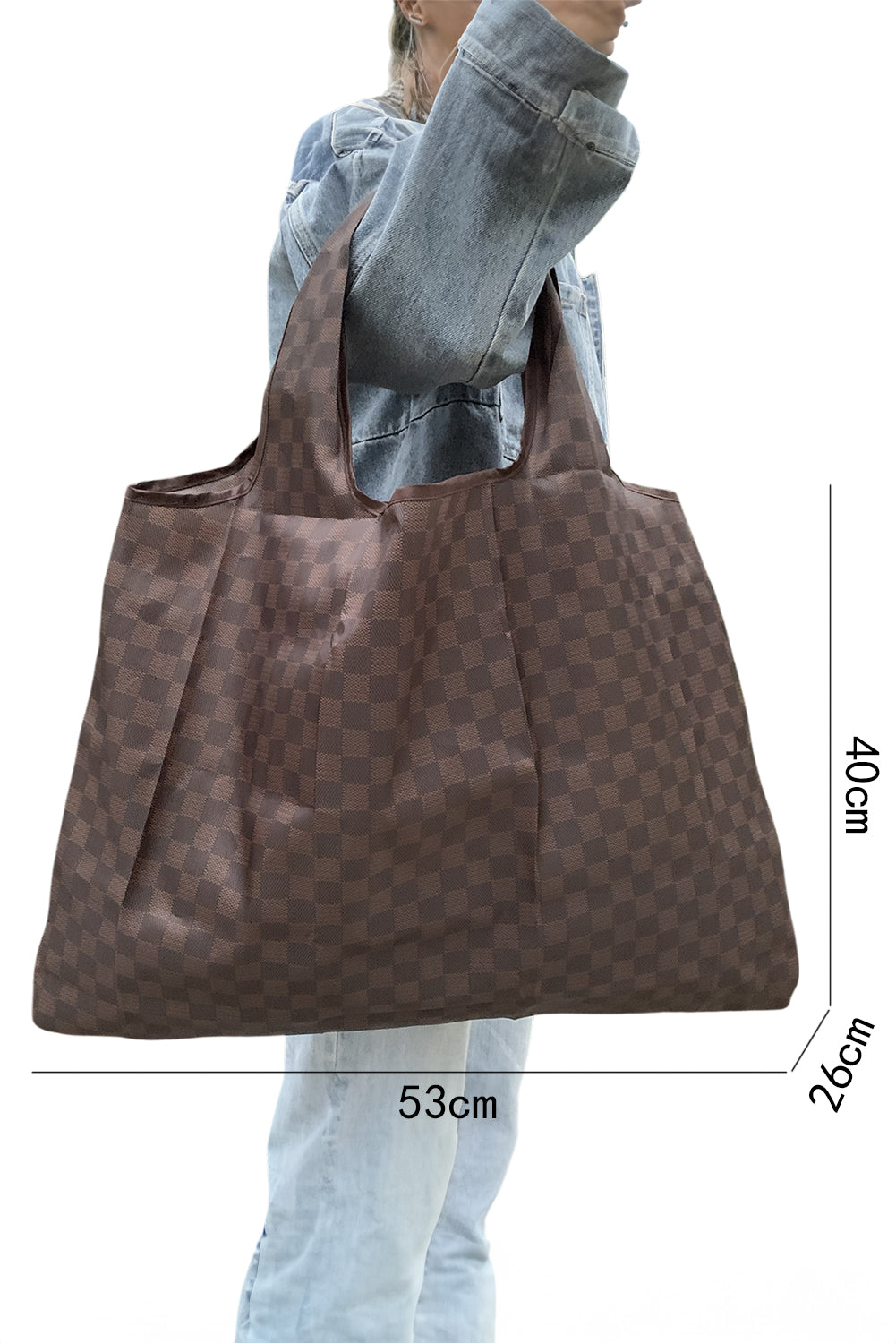 Coffee Trendy Checkered Pattern Large Portable Tote Bag