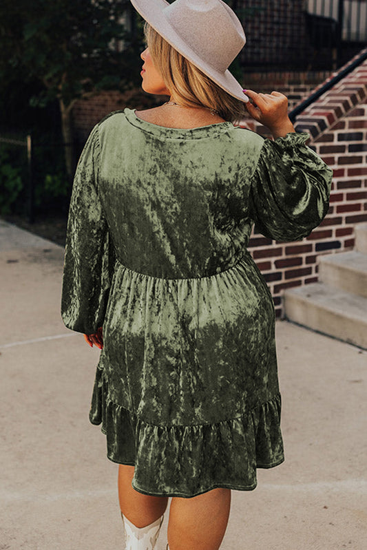 Jungle Green Plus Size Velvet Babydoll Mini Dress with Puff Sleeve