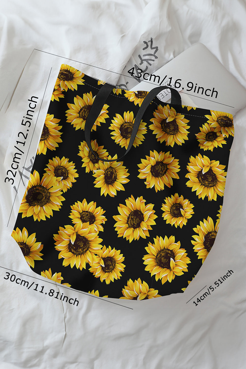Black Sunflower Digital Print Canvas Tote Bag