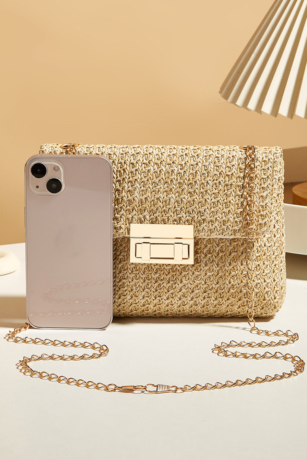 Camel Woven Chain Strap Flap Shoulder Bag