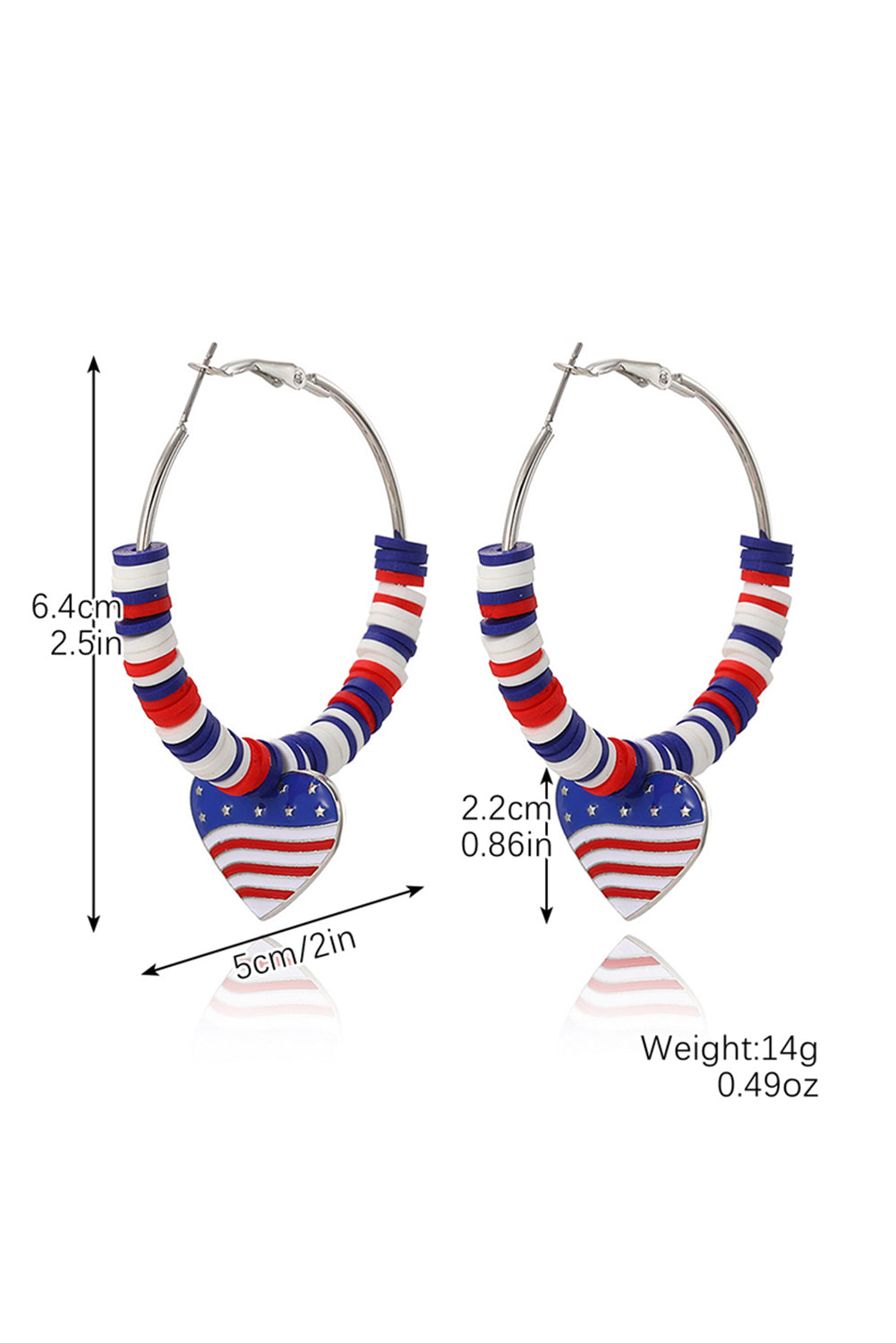 Silvery US Flag Heart Pendant Beaded Big Hoop Earrings