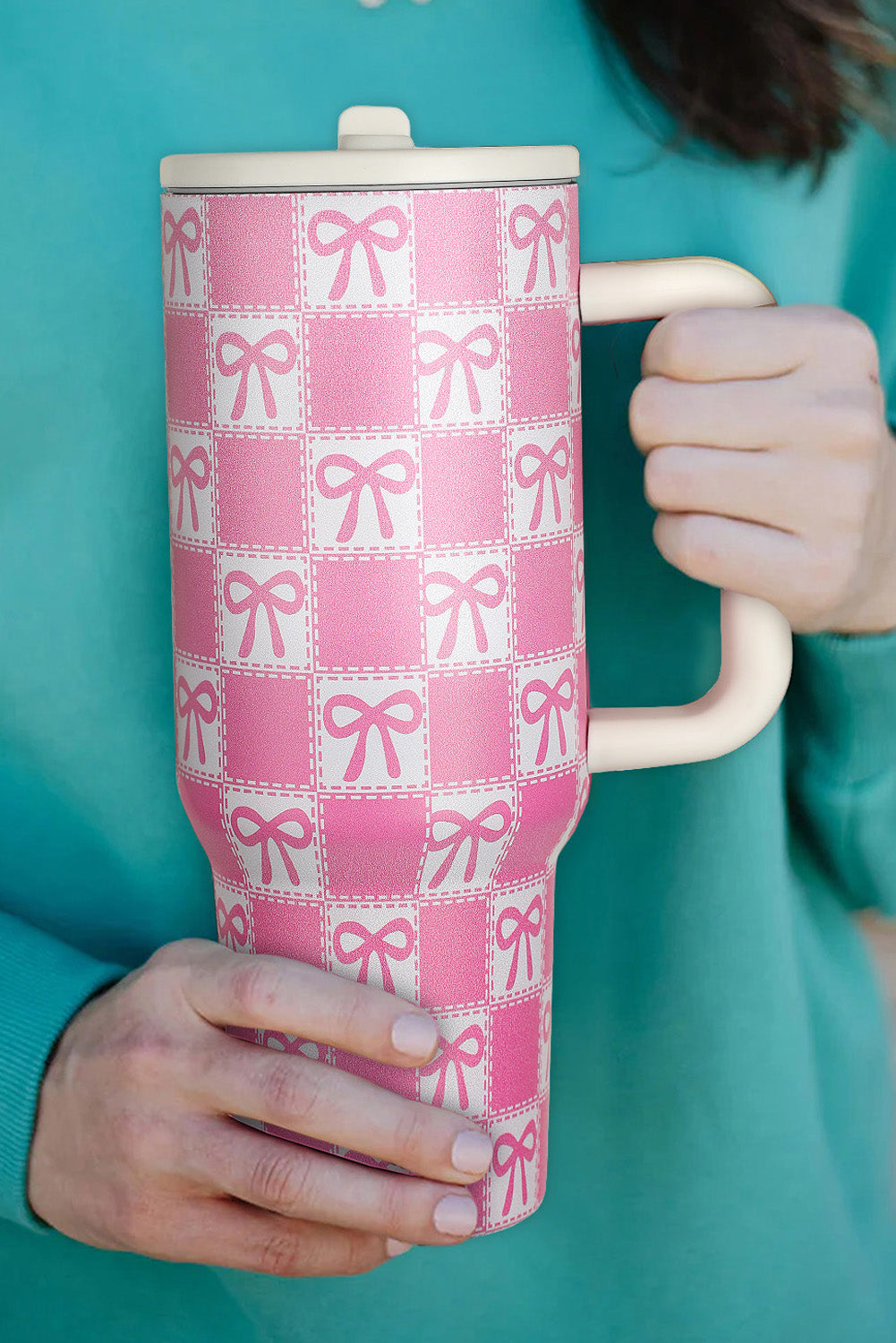 Bonbon Bow Knot Checkered Print Handle Large Tumbler 40OZ