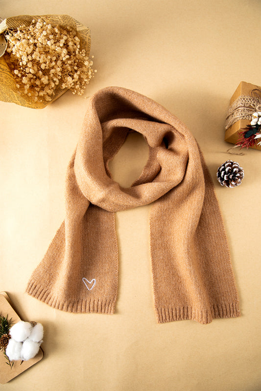 Thai Curry Tiny Heart Embroidered Detail Ribbed Trim Warm Knit Scarf