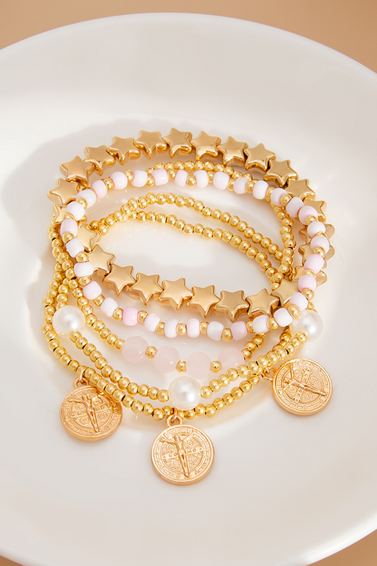 Gold Discs Pearl Stars Beaded Multi Layer Bracelet Set