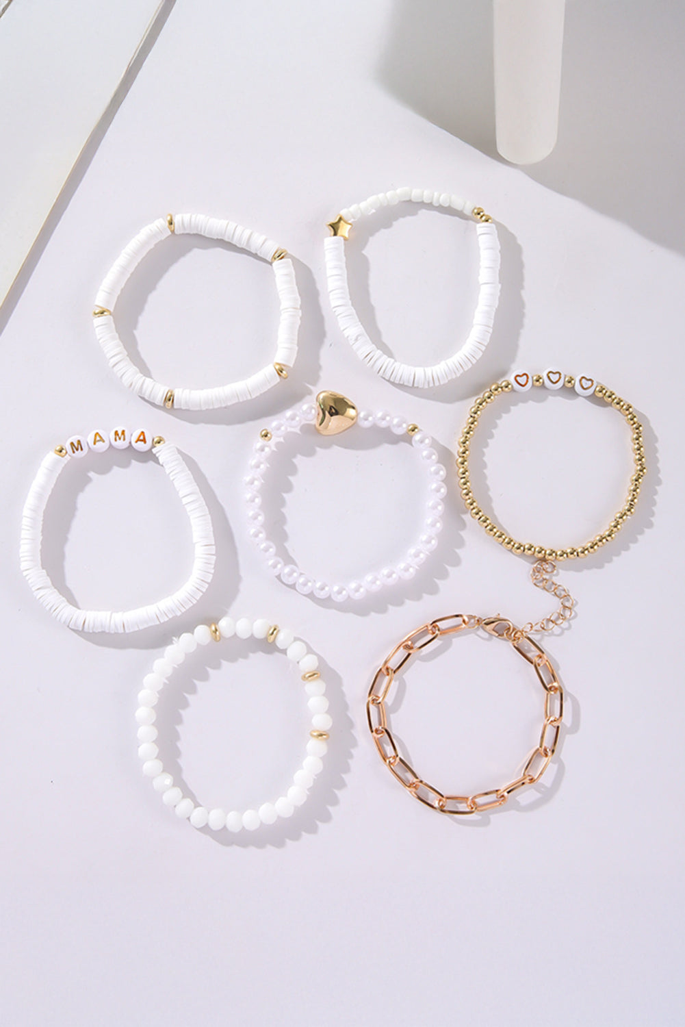 White MAMA Heart Pearl Beaded Chain Multi Layer Bracelet