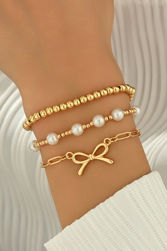 Gold Bow Chain Link Pearl Beaded Multi Layer Bracelet