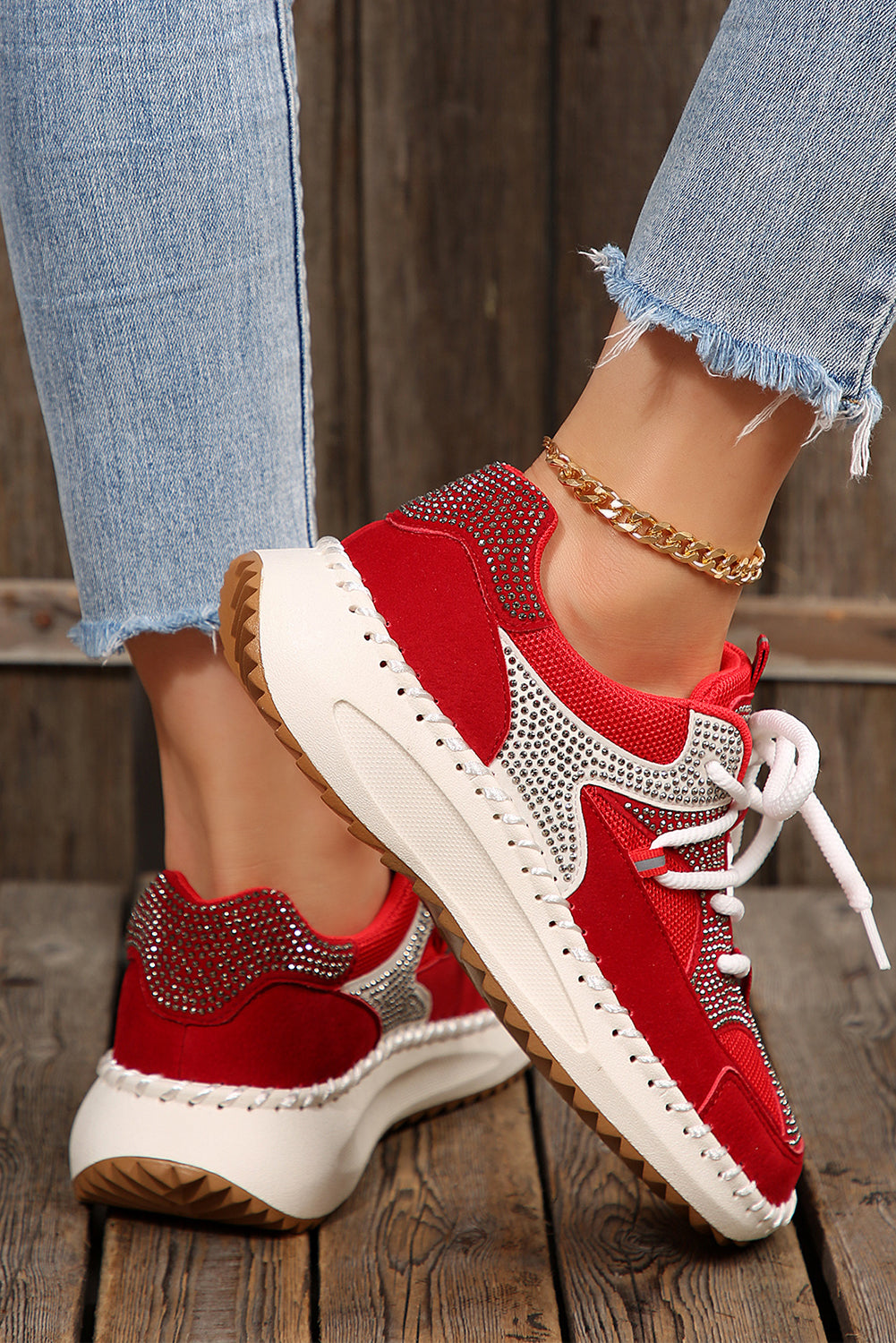 Fiery Red Rhinestone Embellished Color Block Patchwork Lace-up Breathable Sneakers