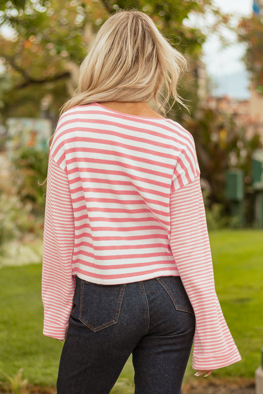 Pink Stripe Textured Contrast Dropped Long Sleeve Top