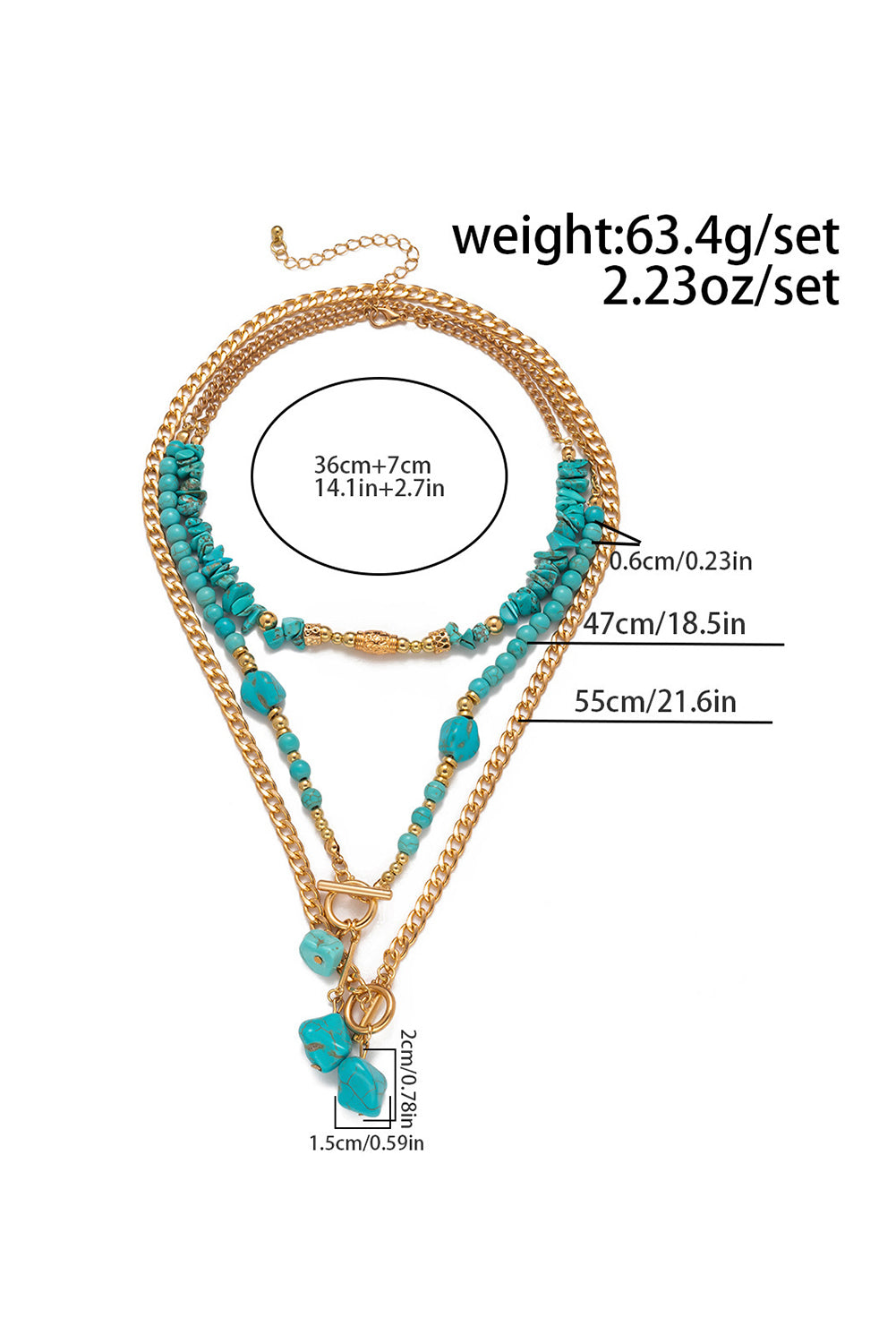 Gold Plated Toggle Clasp Turquoise Detail Cable Chain Layered Necklace Set