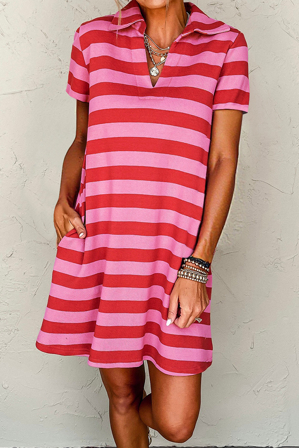Red Stripe Textured Knit Collared V Neck Shift T Shirt Dress