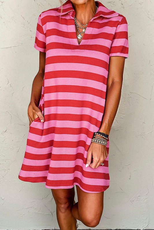 Red Stripe Textured Knit Collared V Neck Shift T Shirt Dress