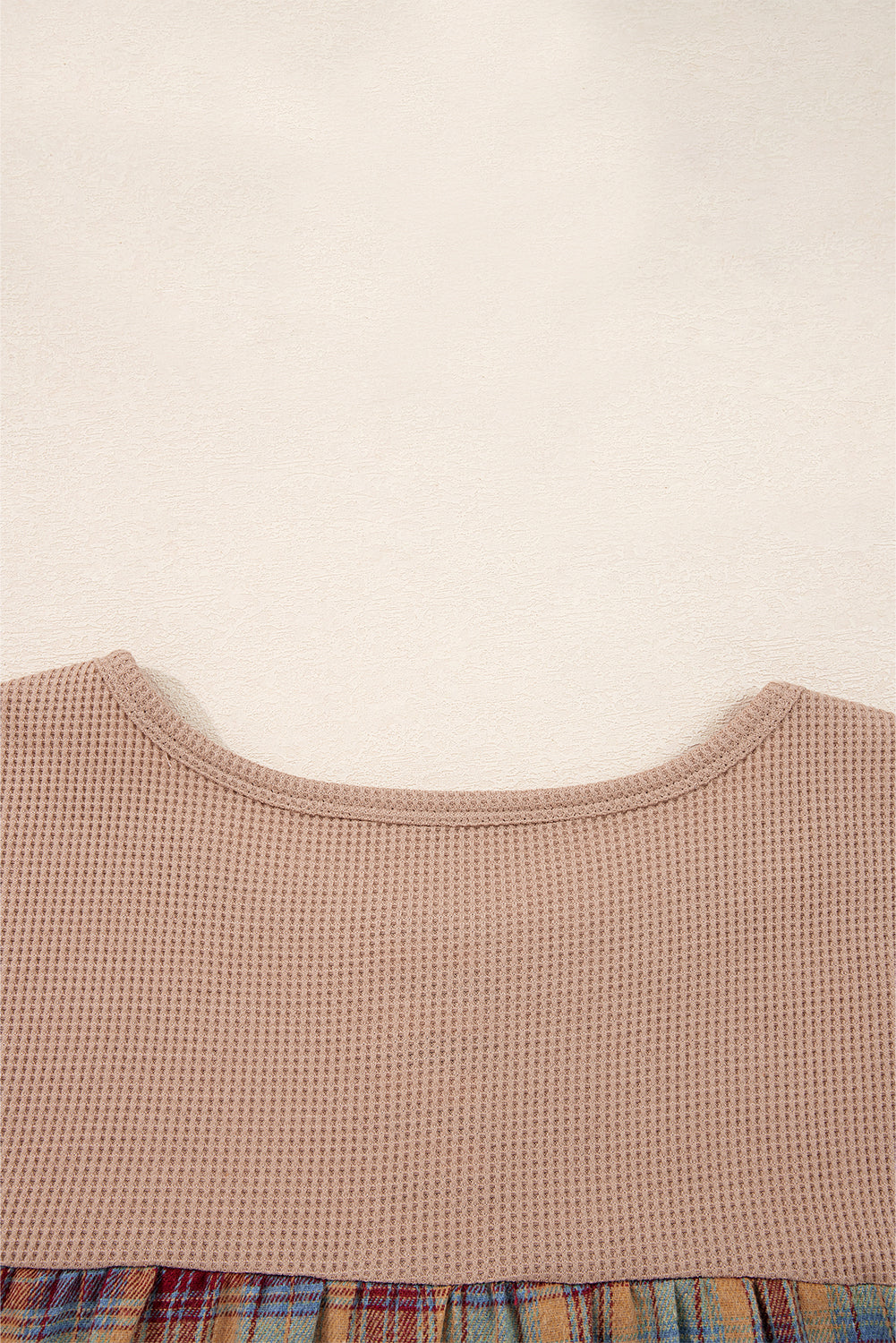 Straw Yellow Waffle Stripe Plaid Patchwork Henley Knit Top