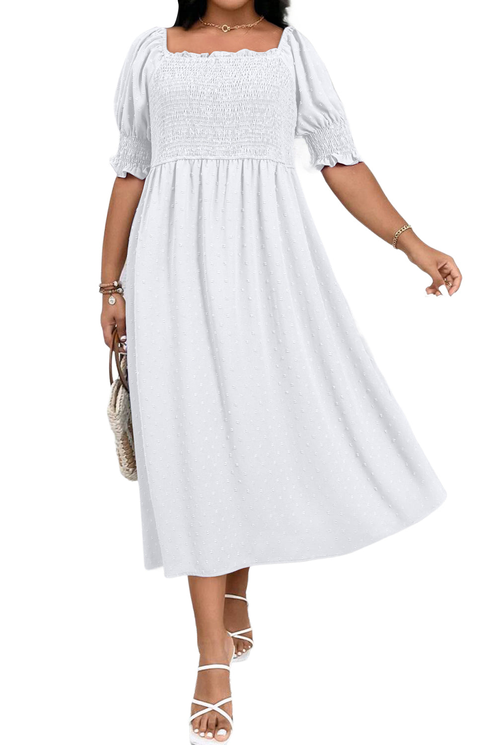 White Swiss Dot Smocked Frilled Neckline Short Sleeve Plus Size Dress