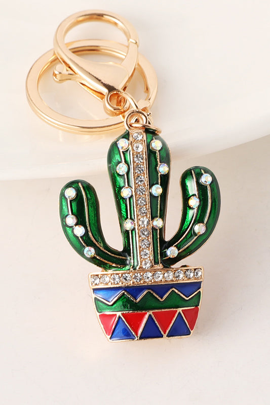 Gold Western Cactus Rhinestone Decor Keychain