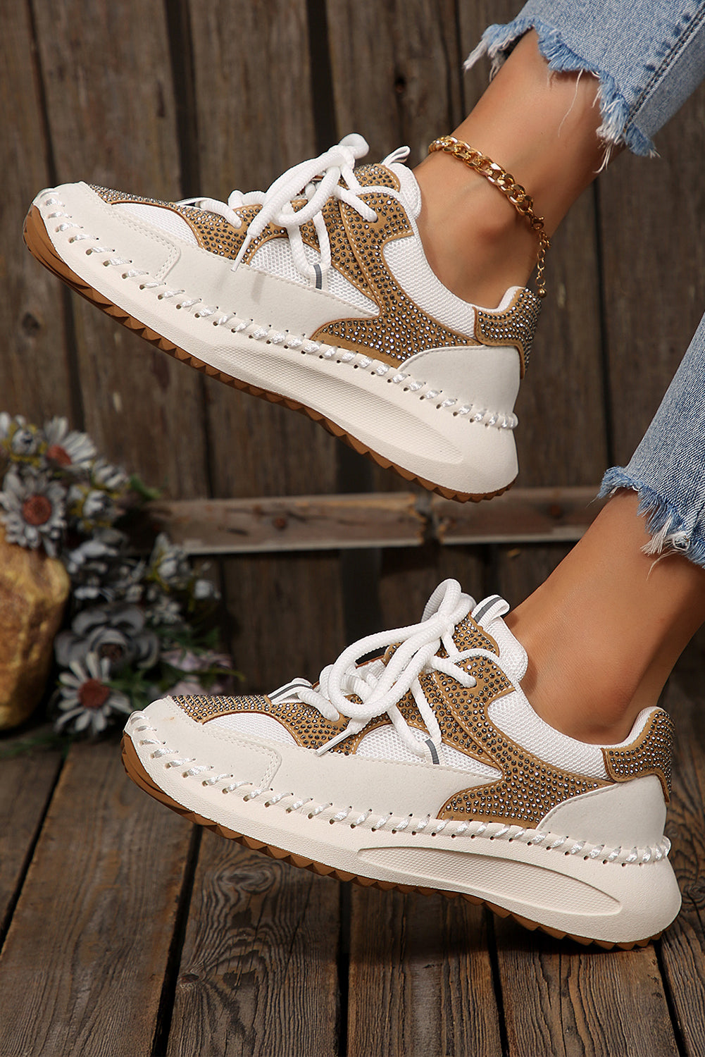 White Rhinestone Embellished Color Block Patchwork Lace-up Breathable Sneakers