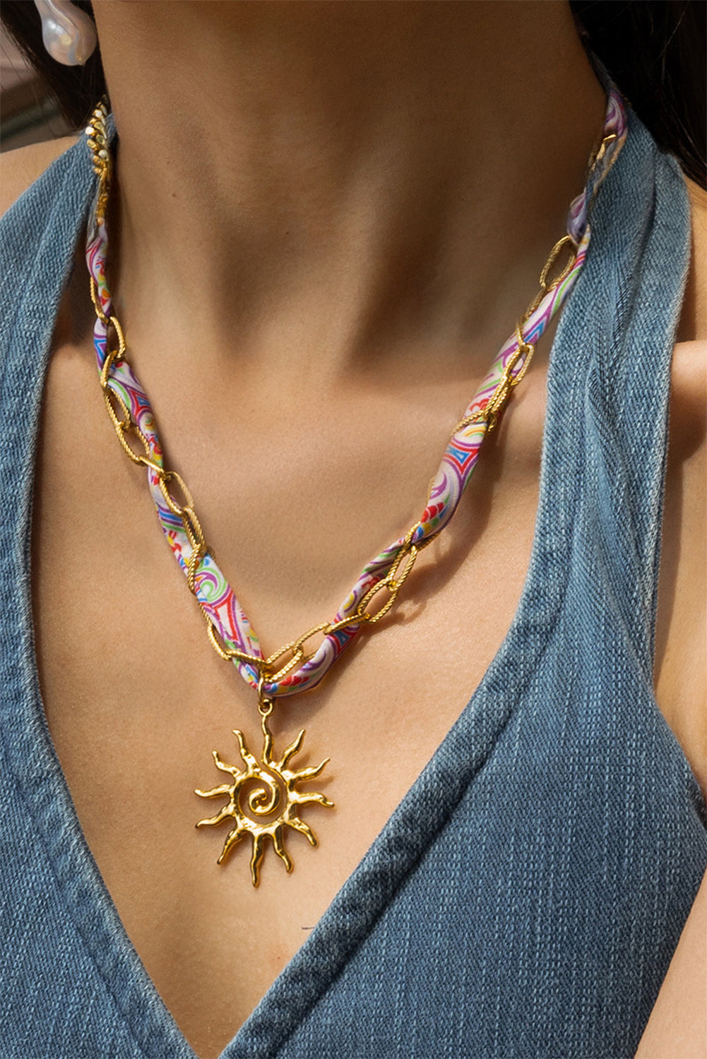 Gold Plated Chain Boho Scarf Twine Sun Goddess Necklace