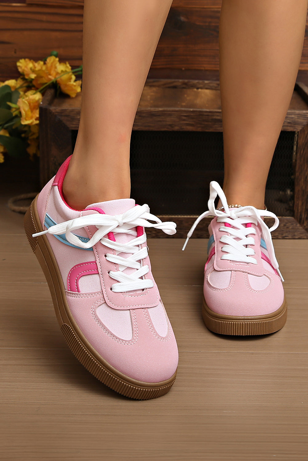 Rose Red Color Block PU Leather Patchwork Lace Up Flat Shoes