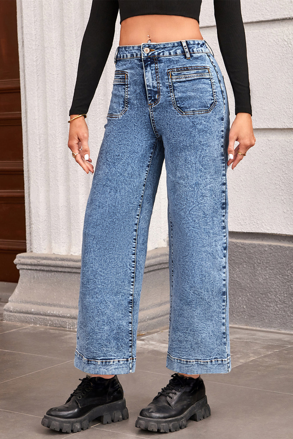 Blue Chic Patch Pocket Straight Leg Loose Jeans