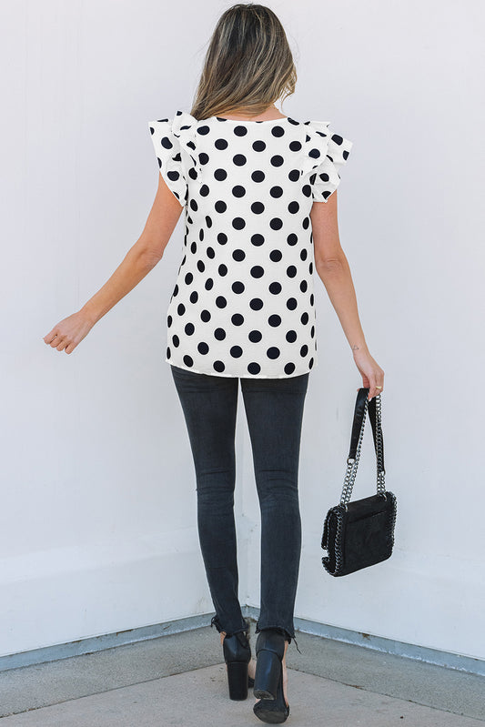 White Polka Dot Print Ruffled Sleeve V Neck Blouse