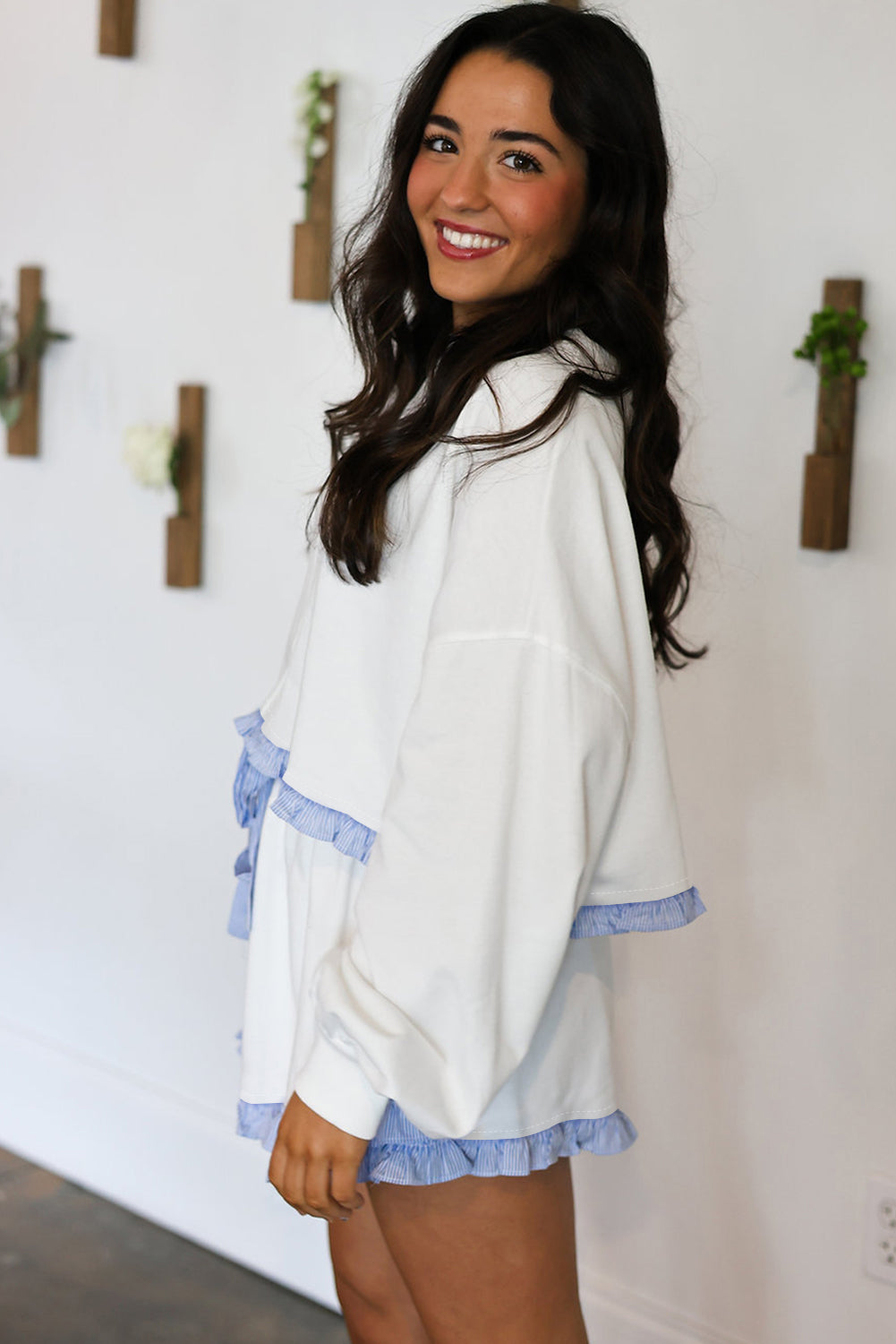 White Plaid Ruffled Patchwork Drop Shoulder Pullover and Drawstring Elastic Waist Shorts Matching Set