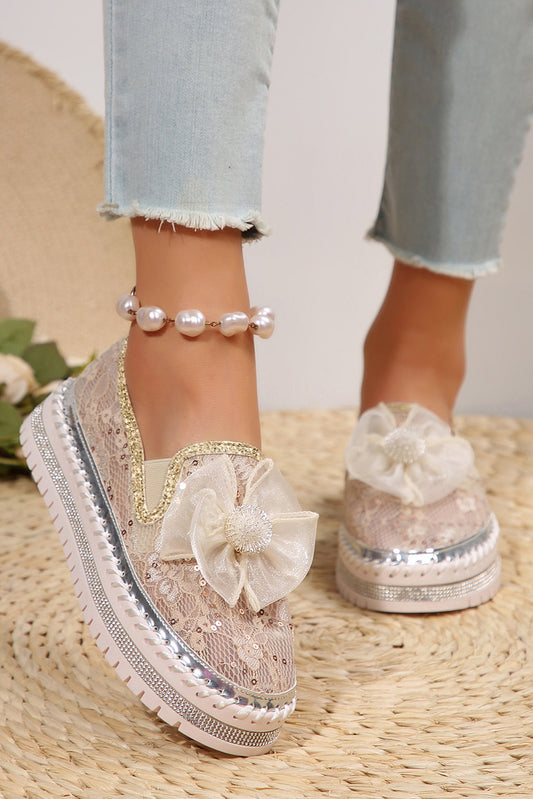 White Glossy Bow Decor Breathable Lace Loafer Shoes