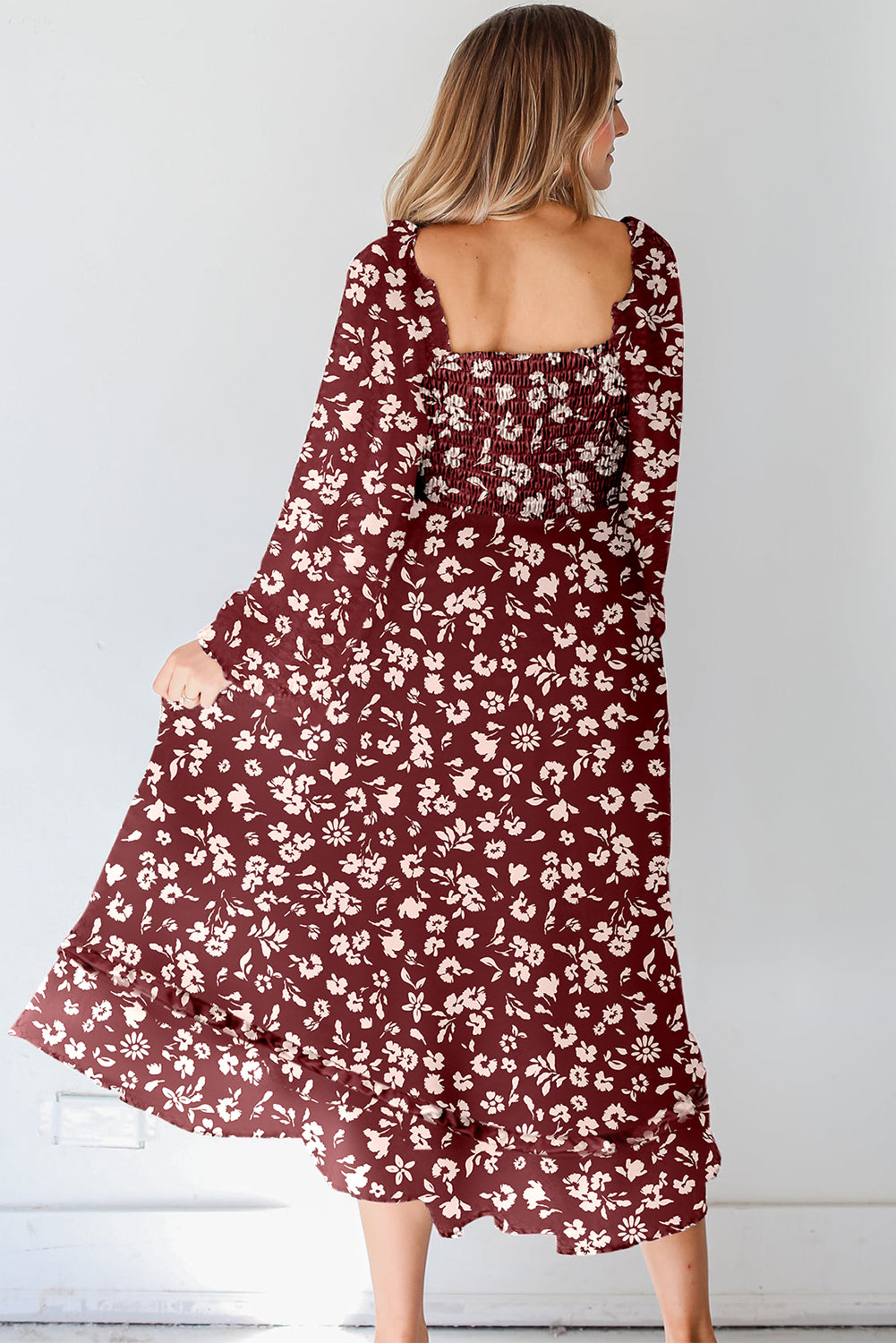 Red Floral Print Long Sleeve Square Neck Smocked Maxi Dress