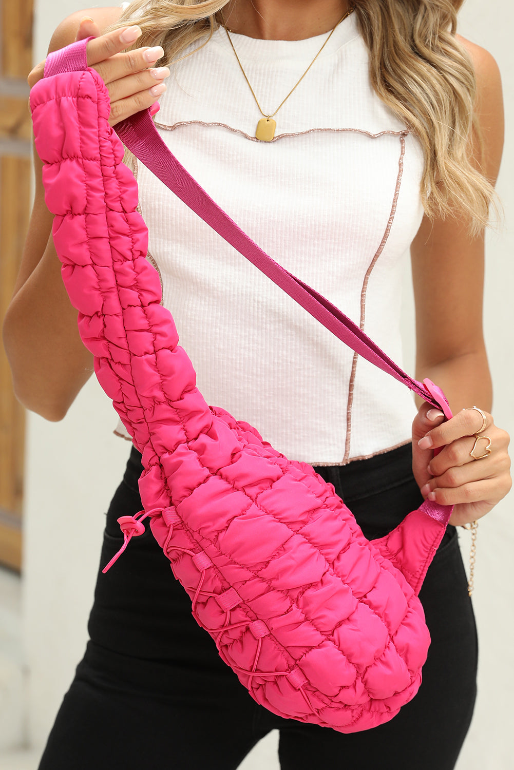 Bright Pink Marshmallow Quilted Drawstring Decor Sling Bag