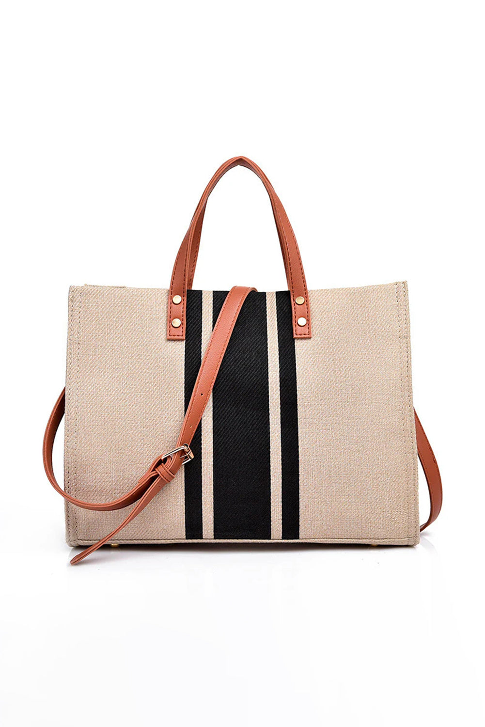 Black Striped Print Contrast PU Leather Handle Patchwork Shoulder Bag