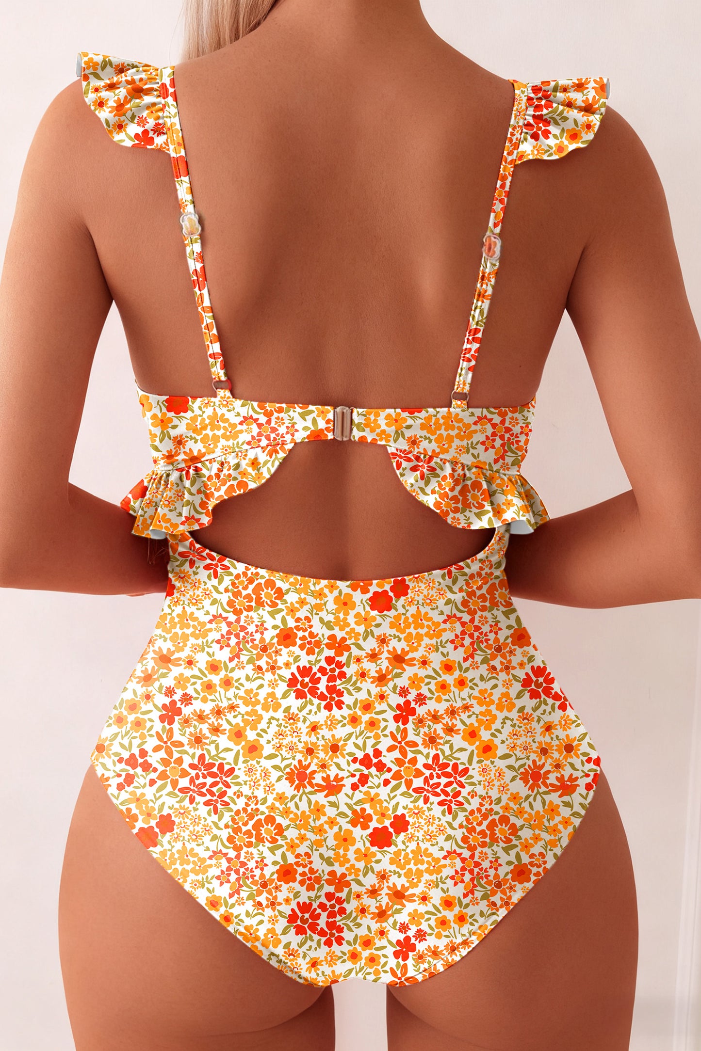 Orange Ruffled Trim Keyhole Accent Floral One Piece Swimsuit