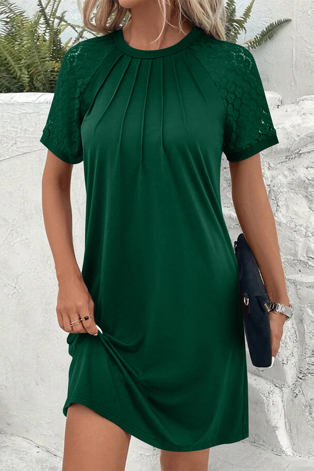 Blackish Green Contrast Lace Raglan Sleeve Pleated Detail Shift Dress